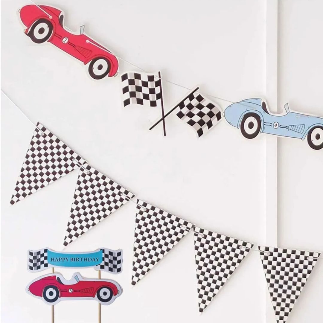 Yarış Araçları Temalı 3'lü Set: Pasta Süsü, Duvar Banner ve Üçgen Damalı Bayrak