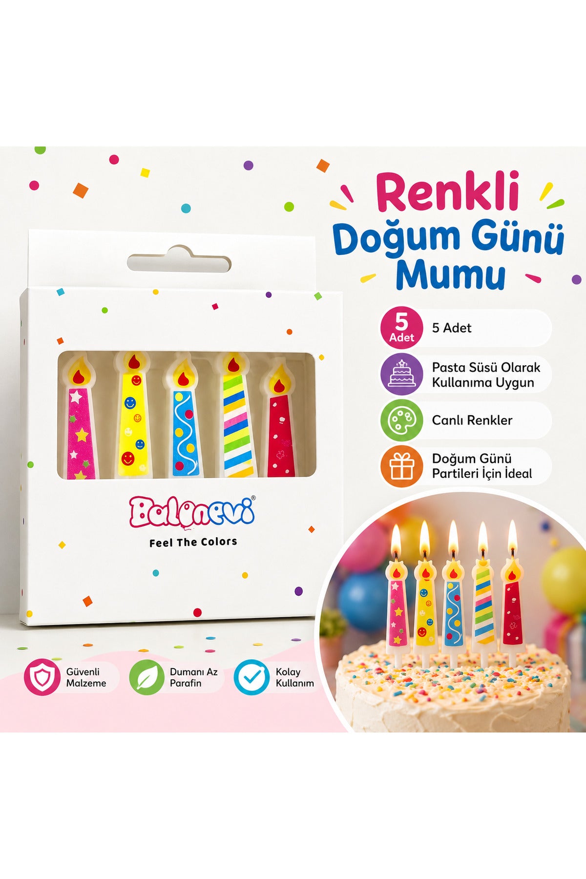 Renkli Şekilli Pasta Mumu 5 Adet