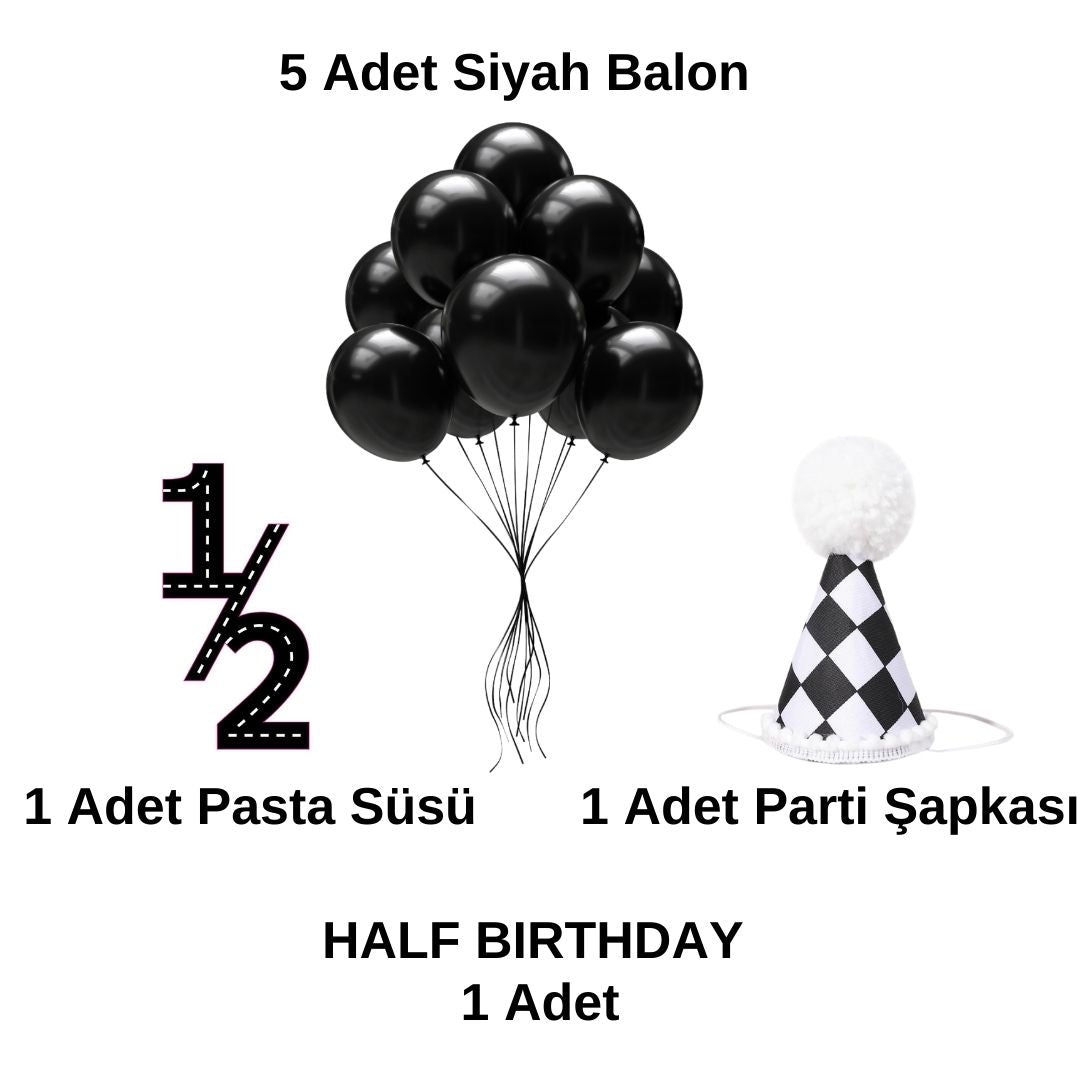 Yarım Yaş Yarış Temalı Half Birthday Çizgili Siyah Parti Seti