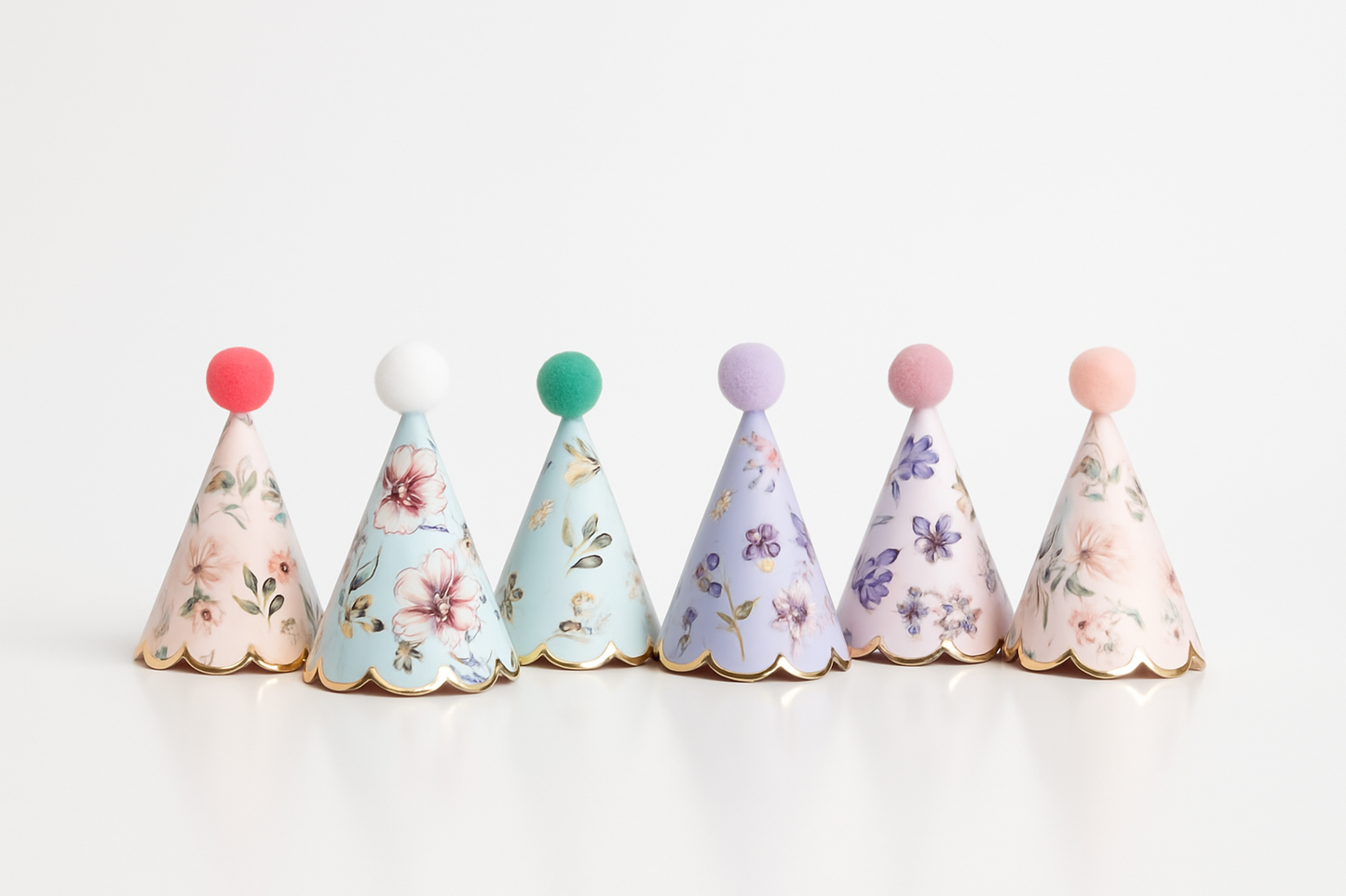 Altın Yaldızlı Mini Parti Şapkası 6 lı Paket - Çiçek Desenli Parti Şapkaları - Kukuleta Şapka