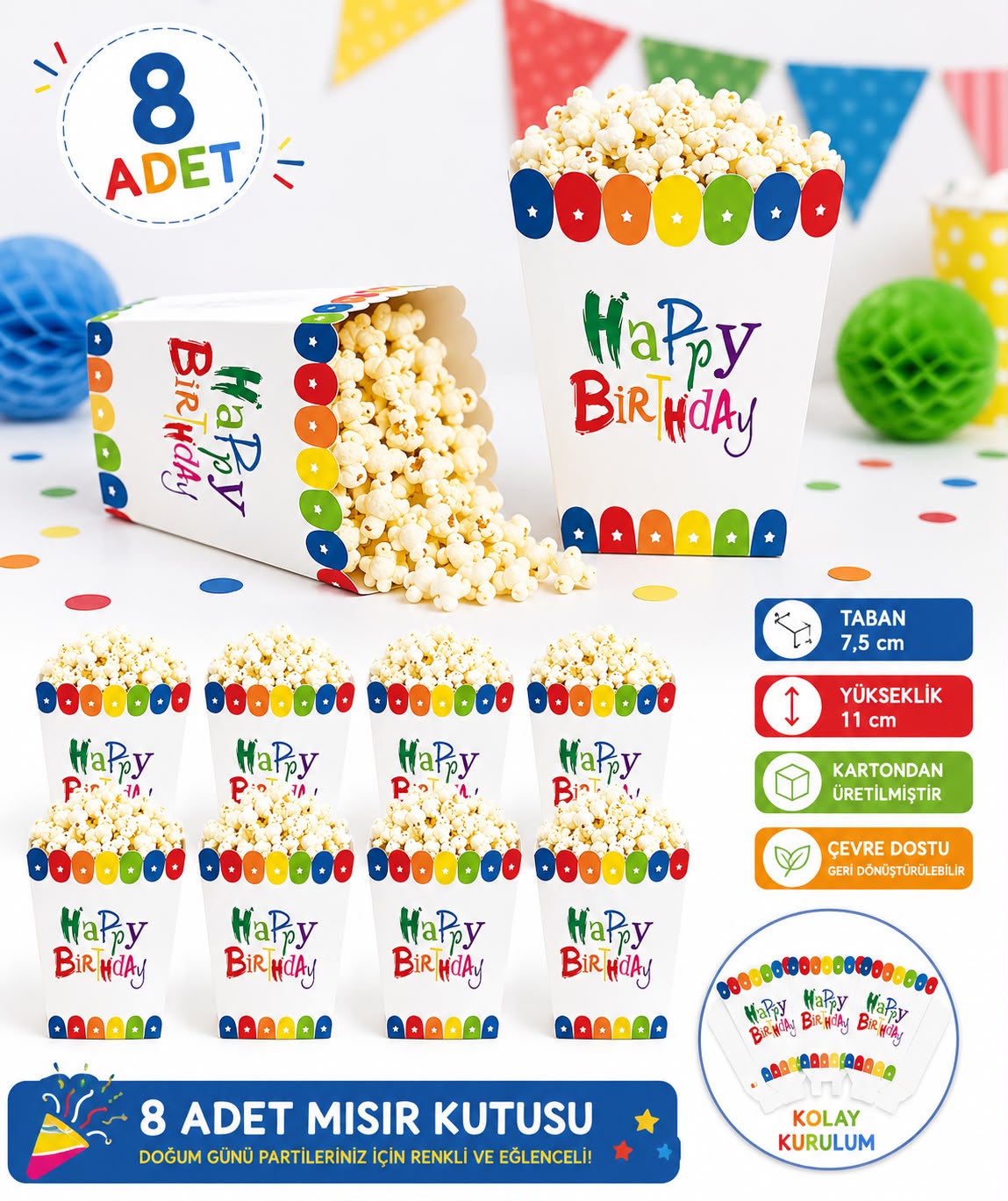 Happy Birthday Renkli Mısır Popcorn Kutusu 8 Adet
