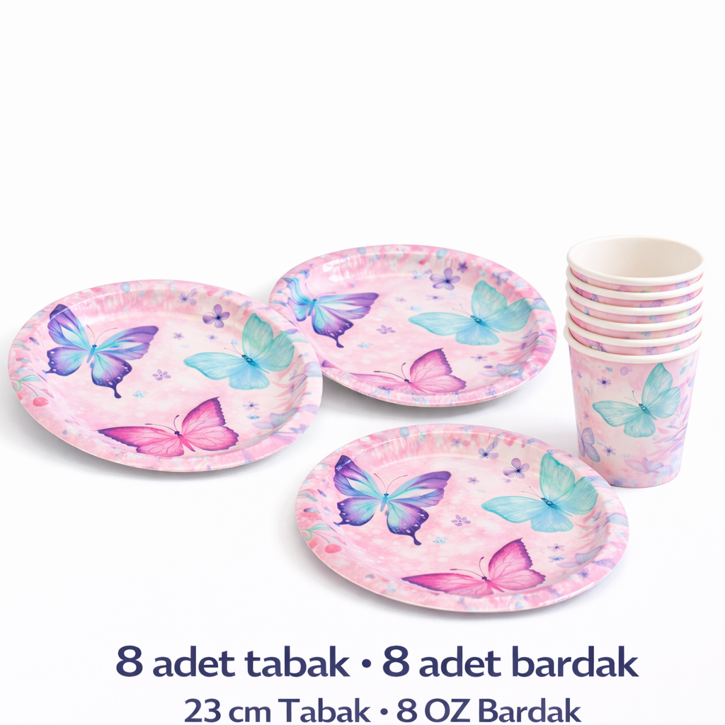 Kelebek Tema Tabak Bardak Set 8’li