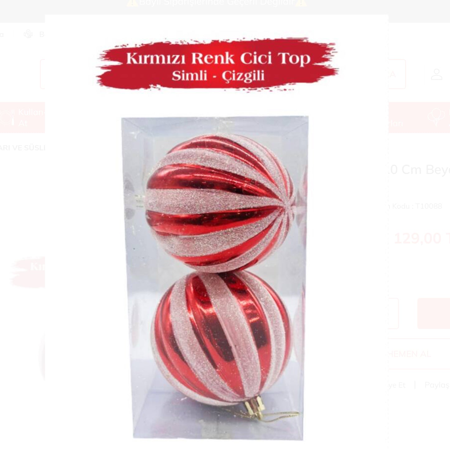 Yılbaşı Top Süs 10 Cm Beyaz Çizgili Simli 2 Parça Kırmızı Ağaç Süsü Büyük Boy