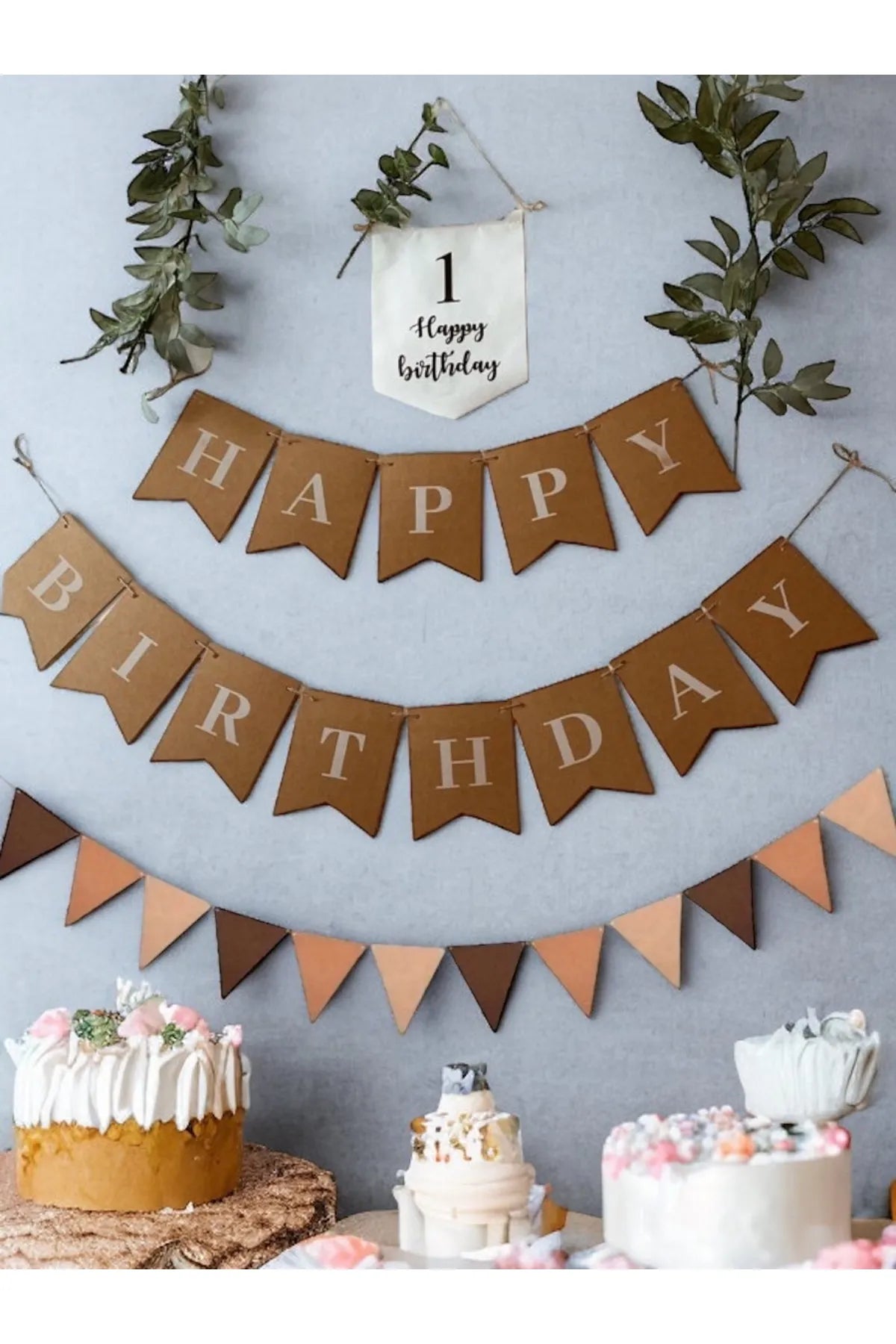 Retro Happy Birthday 2 li Set Kahve Üçgen