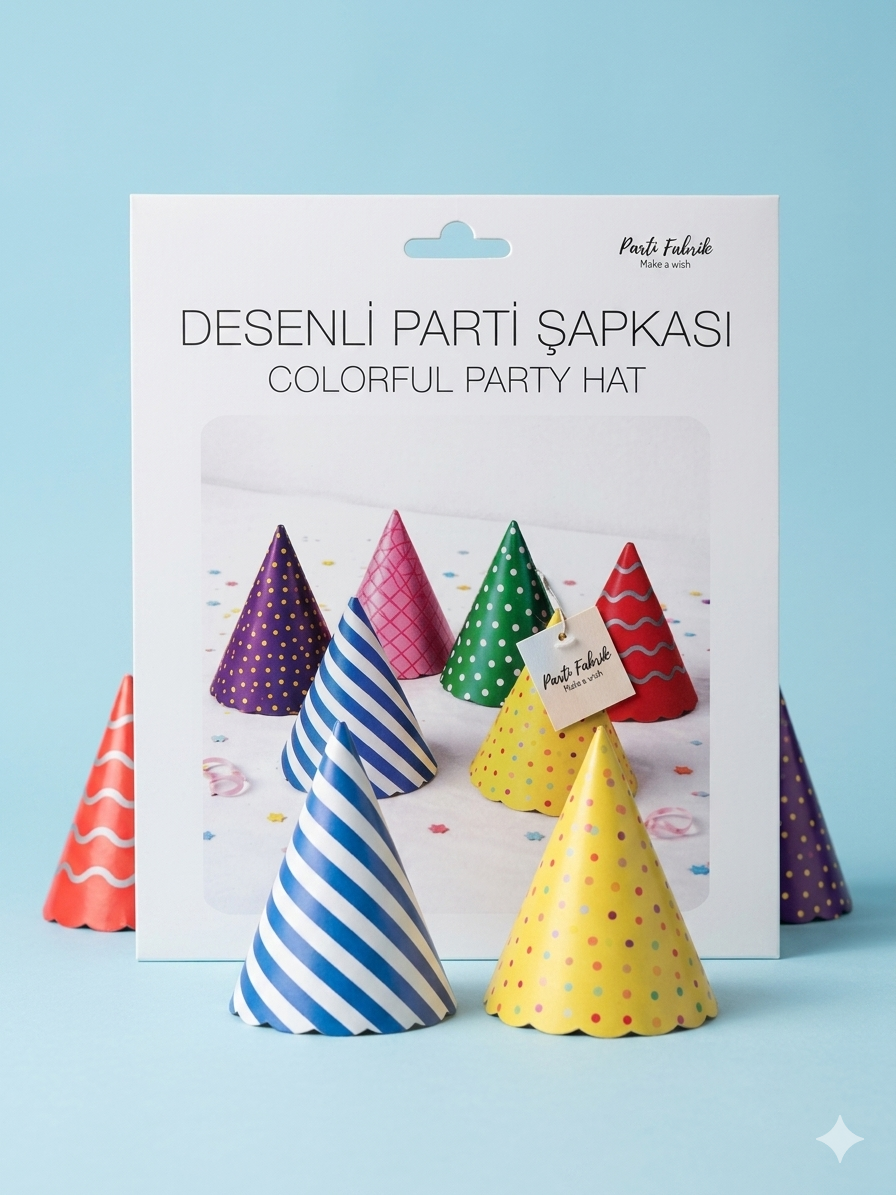 Karışık Desenler RenkliParti Şapkası 6 lı Küçükboy 13-9 cm