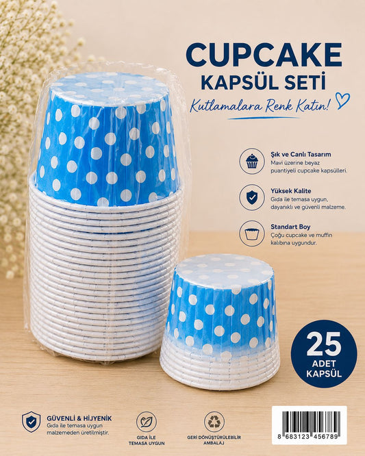 Mavi Puantiyeli Cupcake Kapsül 25 li
