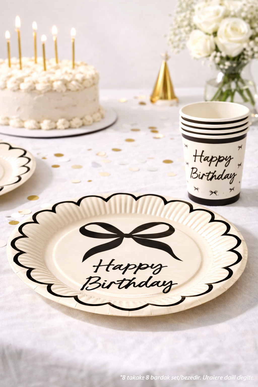 Krem Siyah Fiyonk Karton Tabak Bardak Set 8 li