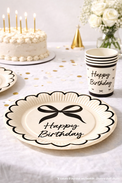 Krem Siyah Fiyonk Karton Tabak Bardak Set 8 li