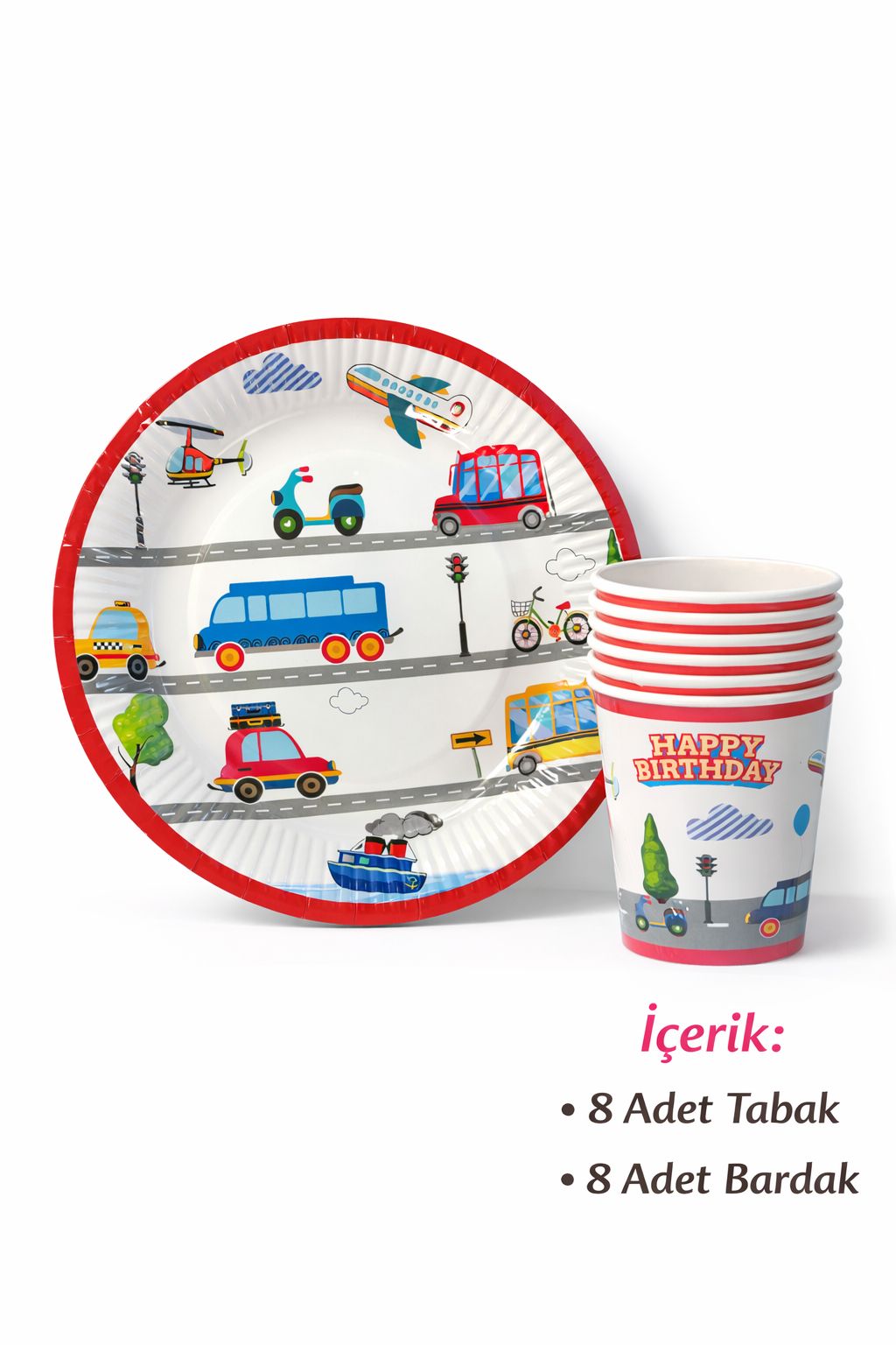 Renkli Taşıtlar Tema 8 Tabak 8 Bardak Set