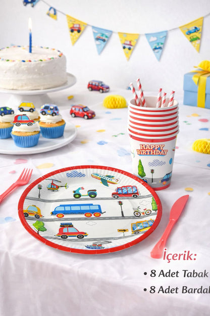 Renkli Taşıtlar Tema 8 Tabak 8 Bardak Set