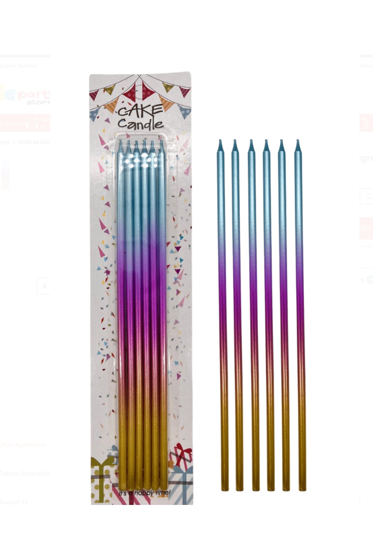 Unicorn Geçişli Renk Uzun Pasta Mumu 25 cm 6 Adet