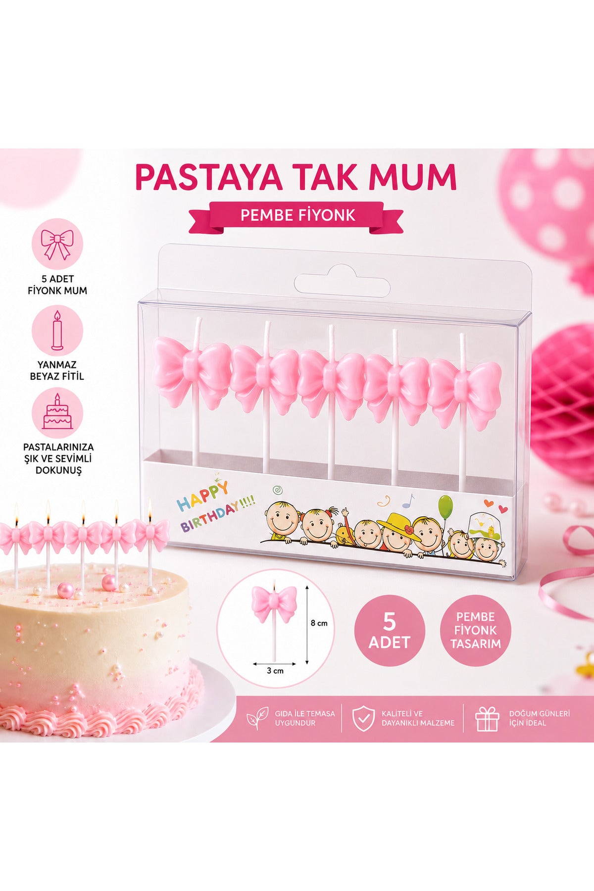 Bebek Pembe Fiyonk Pasta Mumu 5 Adet