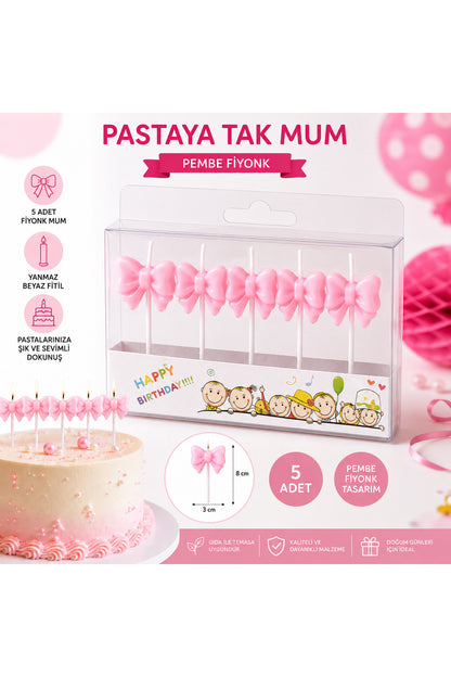 Bebek Pembe Fiyonk Pasta Mumu 5 Adet