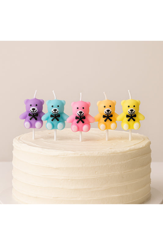 Ayıcıklı Pastel Pasta Mumu 5 Parça Makaron Renkler