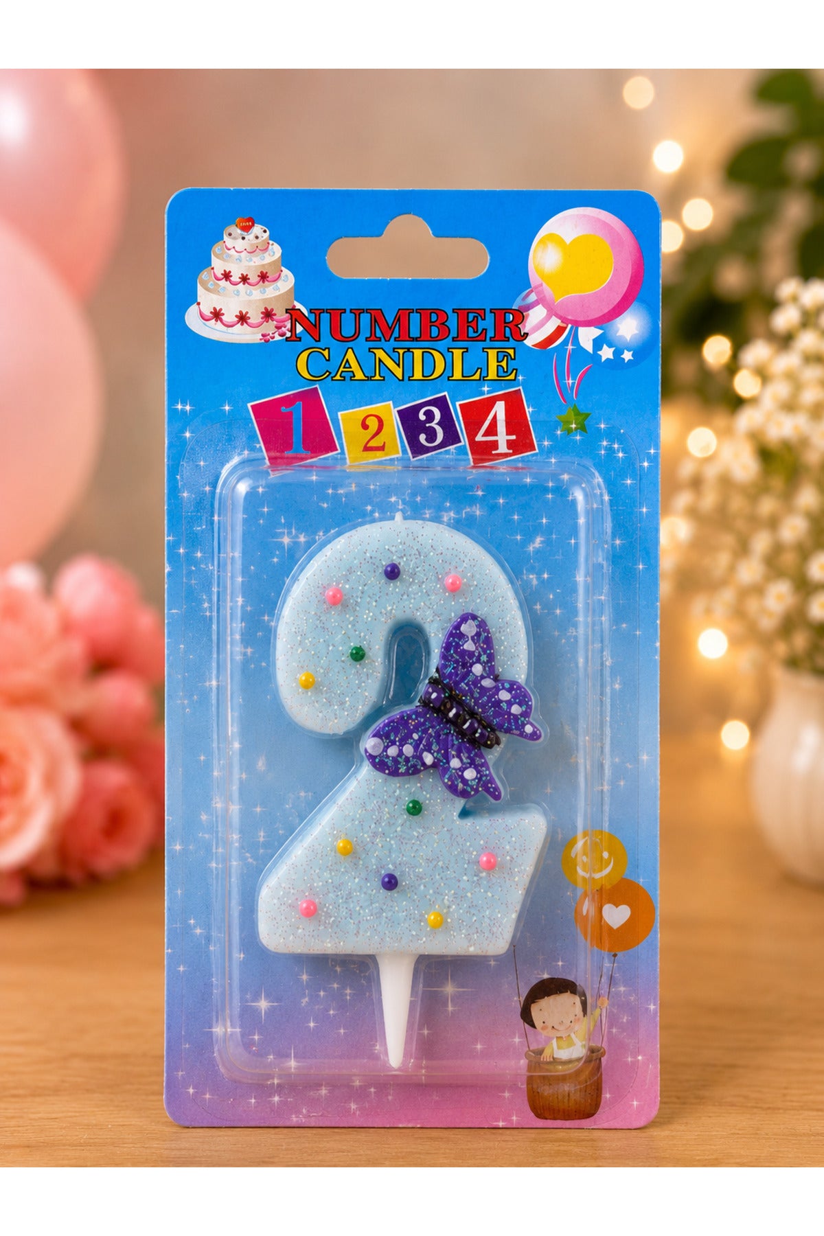 Kelebek Temalı Simli 2 Yaş Rakam Mum