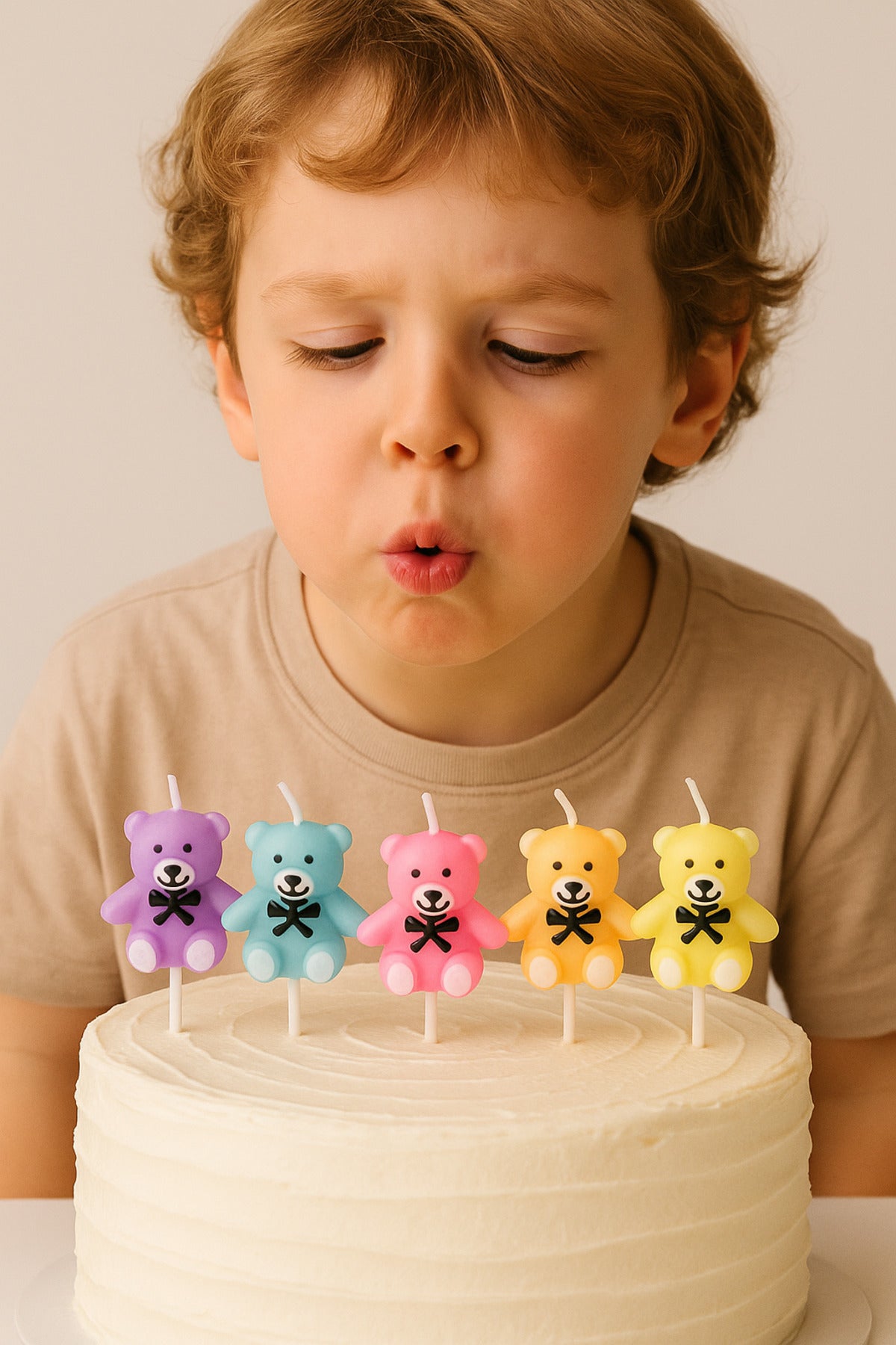 Ayıcıklı Pastel Pasta Mumu 5 Parça Makaron Renkler