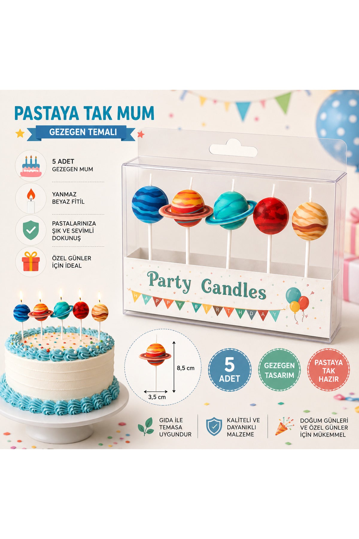 Uzay Temalı Pasta Mumu 5 Adet