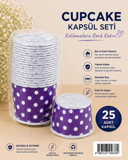 Mor Puantiyeli Cupcake Kapsül 25 li