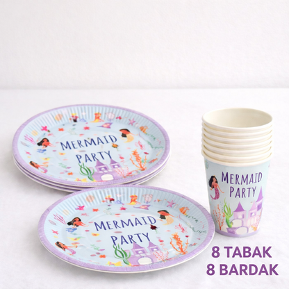 Denizkızı Temalı Tabak Bardak Set 8'er Adet