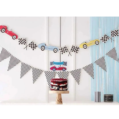 Yarış Araçları Temalı 3'lü Set: Pasta Süsü, Duvar Banner ve Üçgen Damalı Bayrak