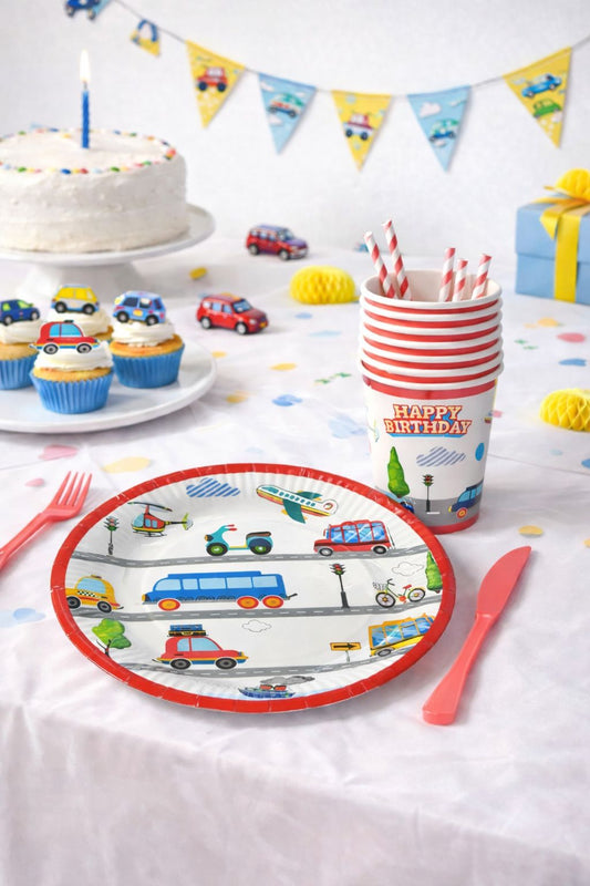 Renkli Taşıtlar Tema 8 Tabak 8 Bardak Set