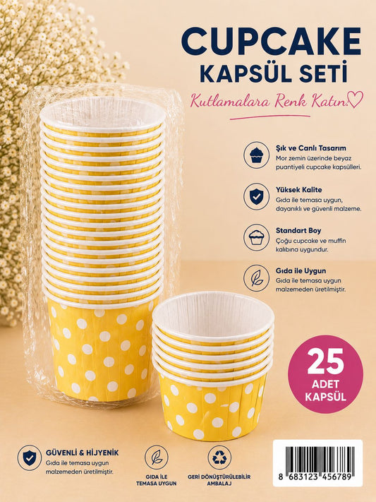 Sarı Puantiyeli Cupcake Kapsül 25 li