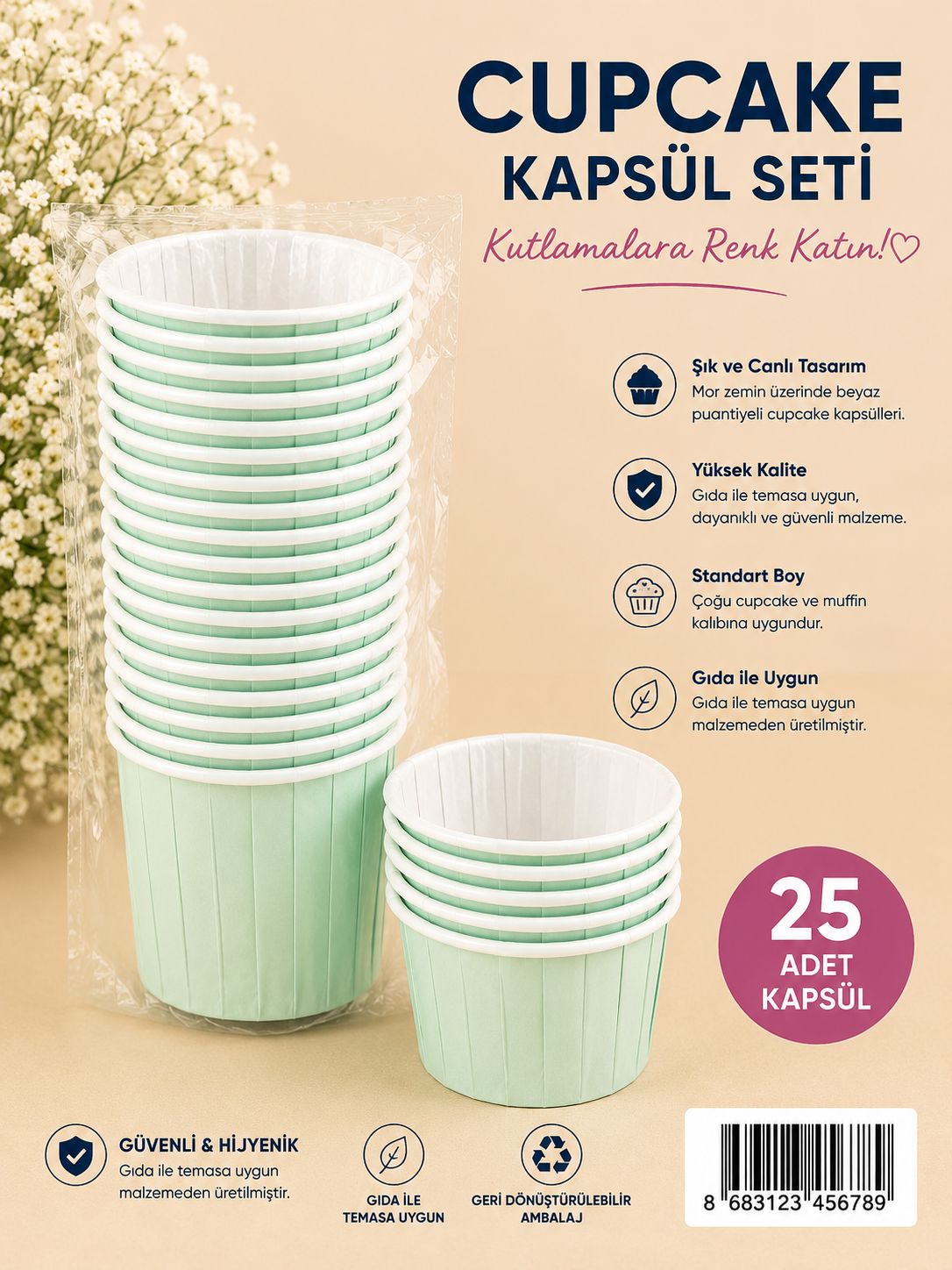 Makaron Yeşil Cupcake Kapsül 25 li