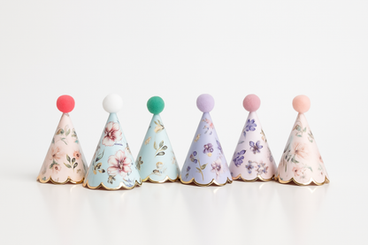 Altın Yaldızlı Mini Parti Şapkası 6 lı Paket - Çiçek Desenli Parti Şapkaları - Kukuleta Şapka