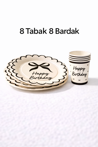 Krem Siyah Fiyonk Karton Tabak Bardak Set 8 li