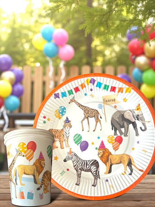 Parti Hayvanları Karton Tabak Bardak Set 8 Tabak 8 Bardak
