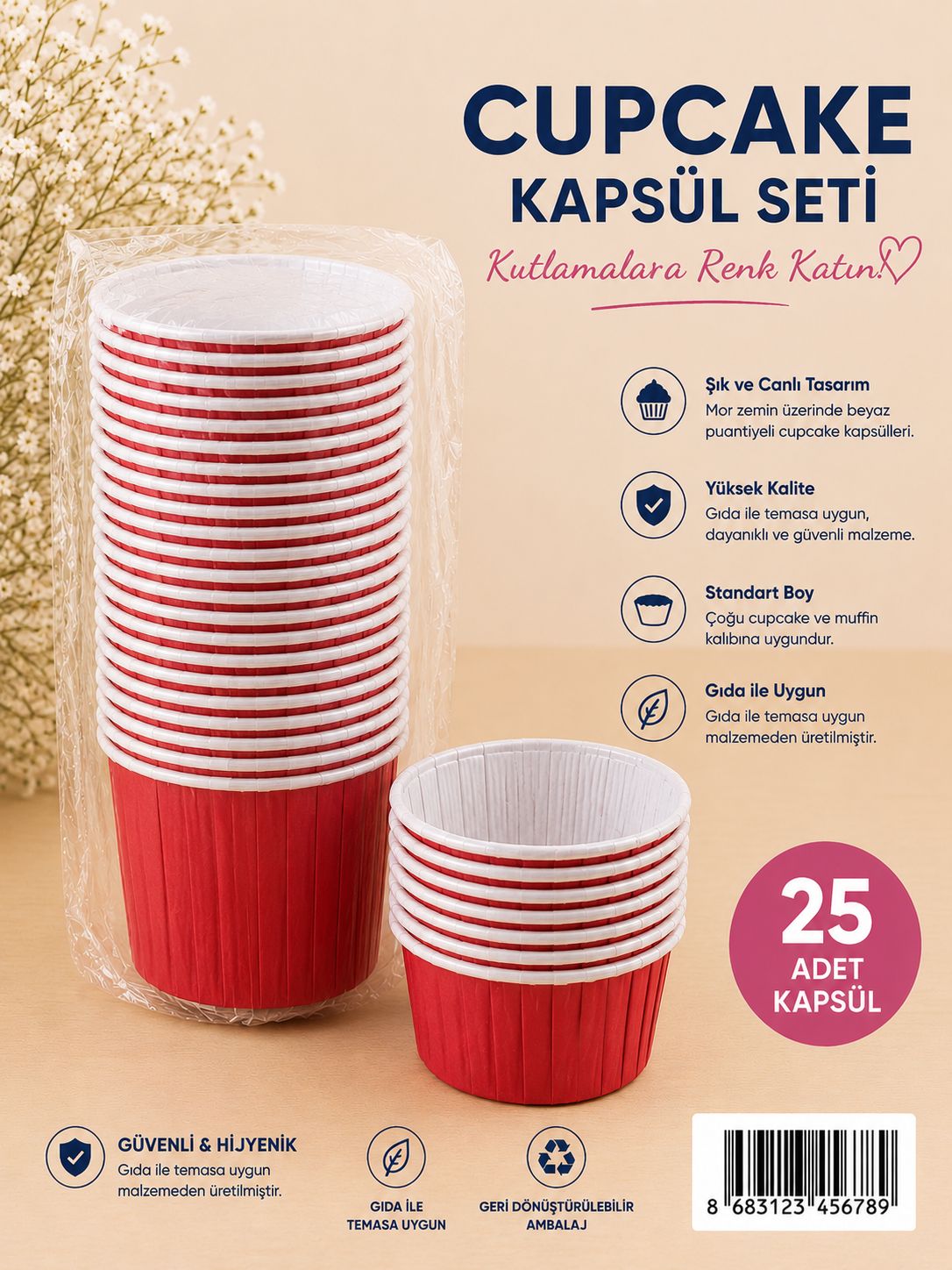 Kırmızı Cupcake Kapsül 25 li