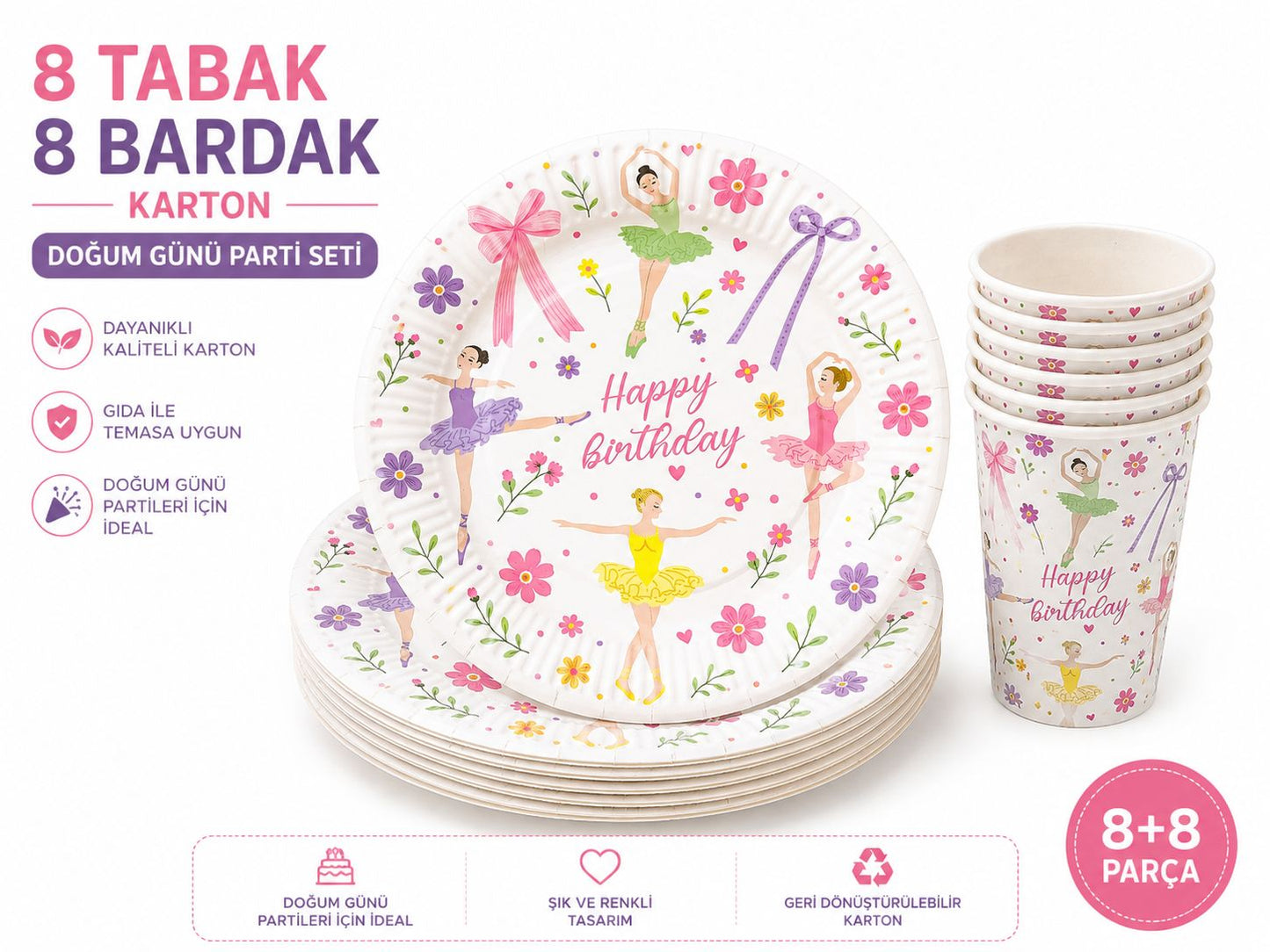 Balerin Tema Tabak Bardak Set 8 Tabak 8 Bardak