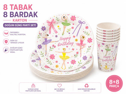 Balerin Tema Tabak Bardak Set 8 Tabak 8 Bardak