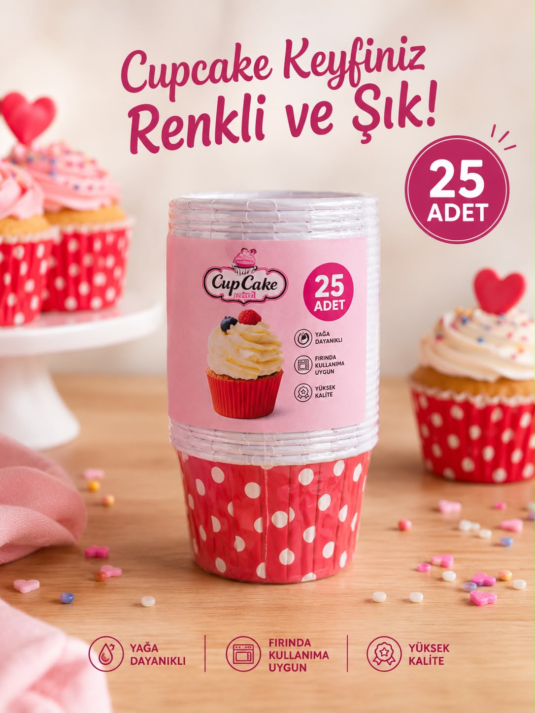 Kırmızı Puantiyeli Cupcake Kapsül 25 li