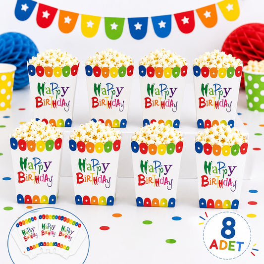Happy Birthday Renkli Mısır Popcorn Kutusu 8 Adet