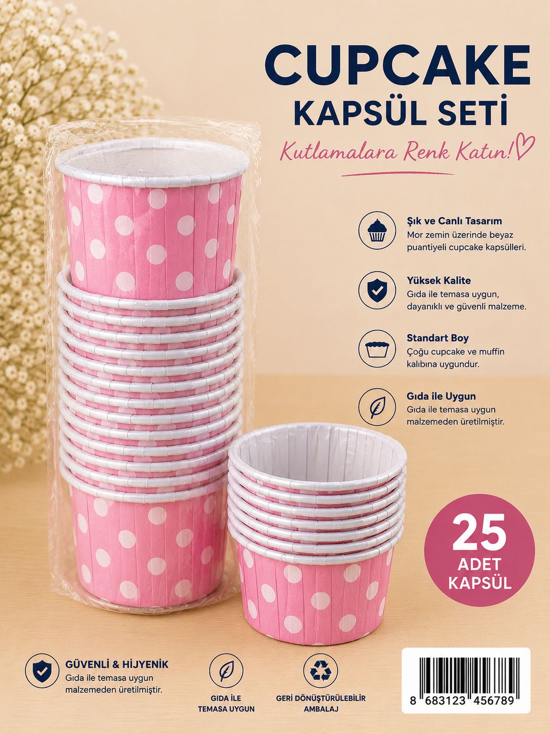Pembe Puantiyeli Cupcake Kapsül 25 li