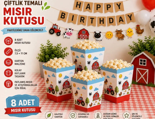 Çiftlik Temalı Mısır Popcorn Kutusu 8 Adet