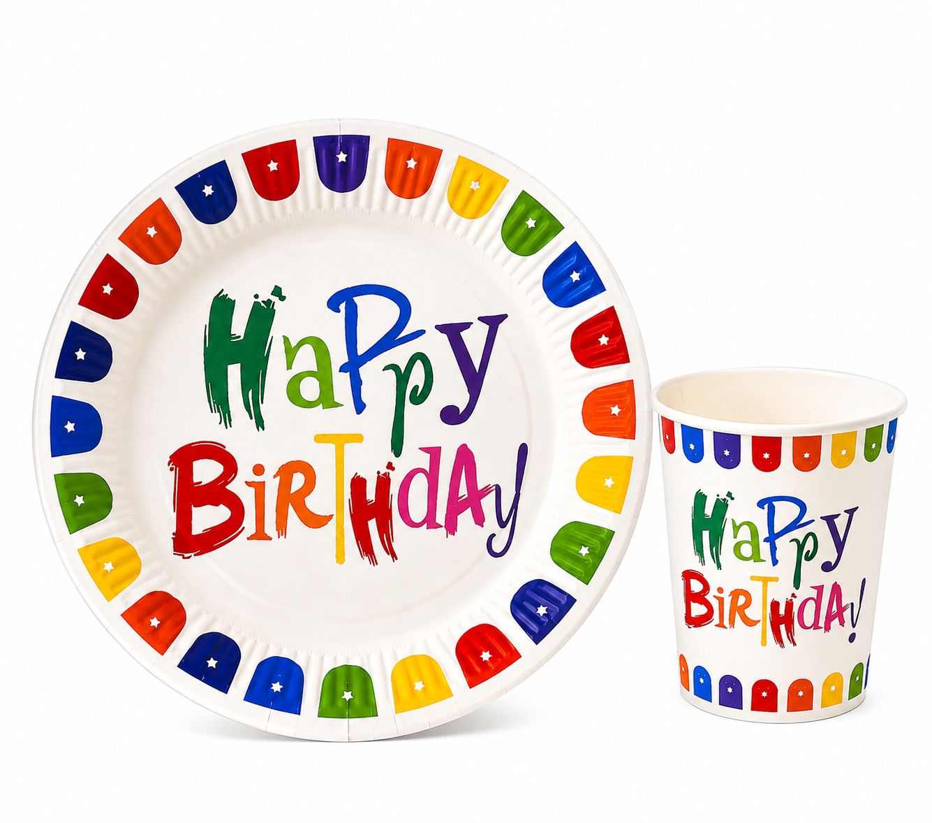 Renkli Happy Birthday Tabak Bardak Set 8 Tabak 8 Bardak