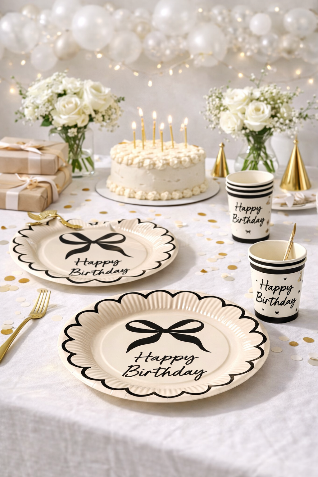 Krem Siyah Fiyonk Karton Tabak Bardak Set 8 li