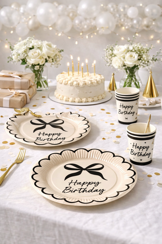 Krem Siyah Fiyonk Karton Tabak Bardak Set 8 li