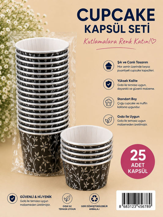 Çiçek Desenli Cupcake Kapsül 25 li