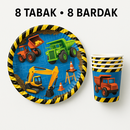 İnşaat İş Makinaları Temalı Tabak Bardak Set