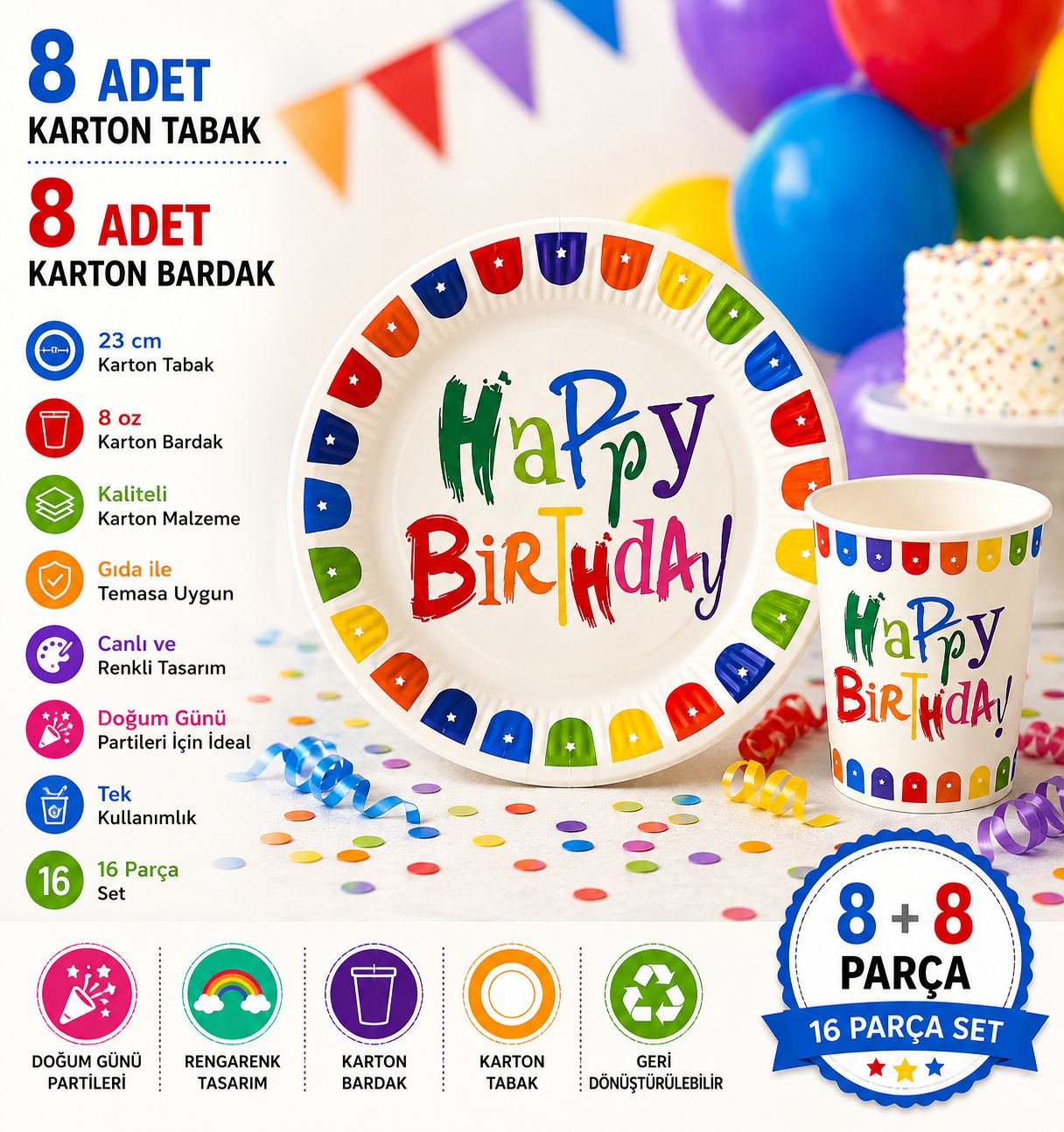 Renkli Happy Birthday Tabak Bardak Set 8 Tabak 8 Bardak