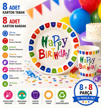 Renkli Happy Birthday Tabak Bardak Set 8 Tabak 8 Bardak