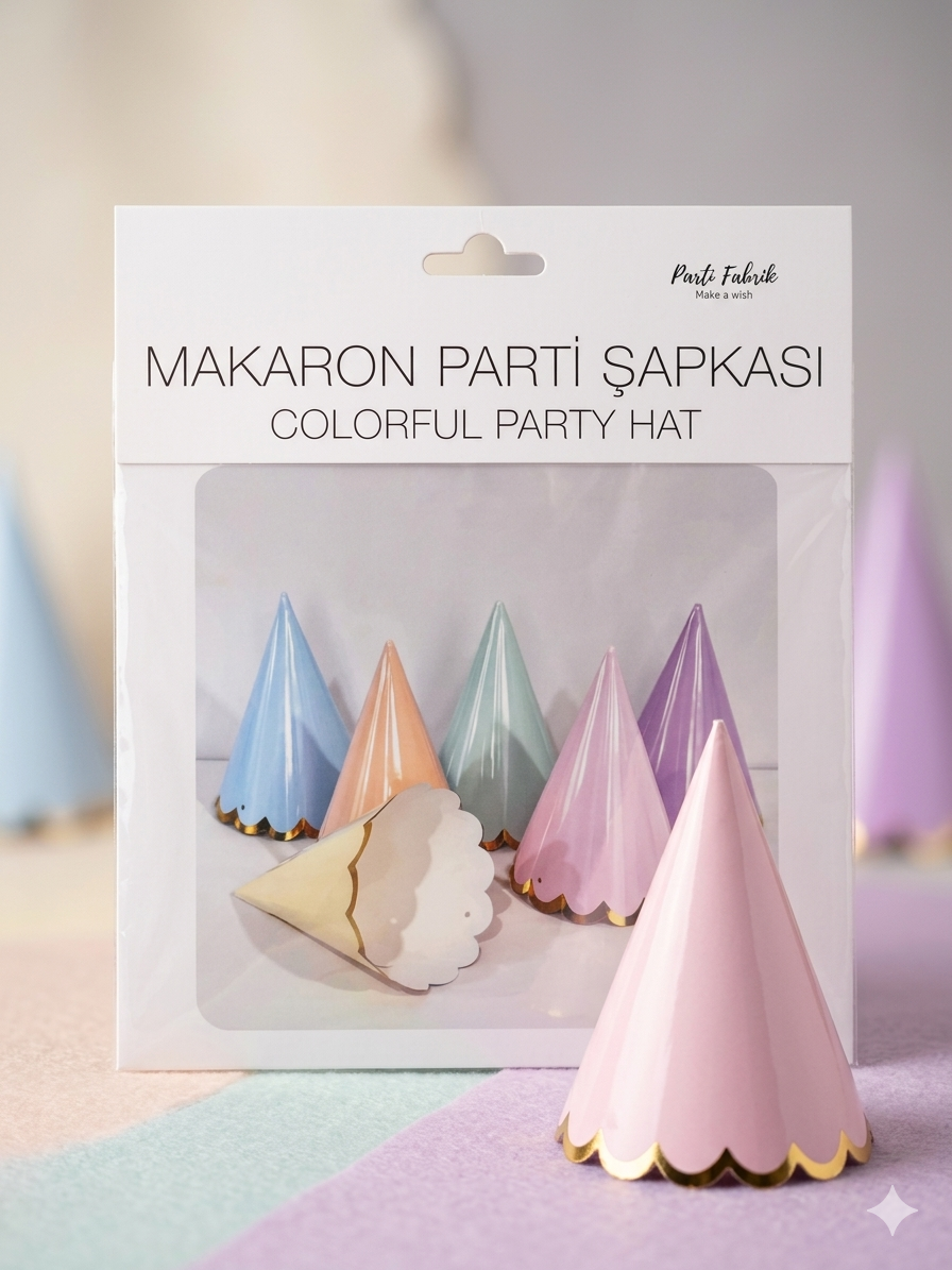 6 Adet Makaron Renkler Yaldızlı Parti Şapkası 13x9 cm / Demonte