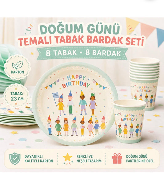 Elele Okul Çocukları Tabak Bardak Set 8 Tabak 8 Bardak