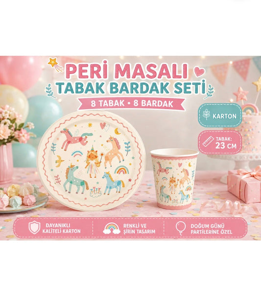 Masal Kızı Unicorn Tabak Bardak Set 8 Tabak 8 Bardak