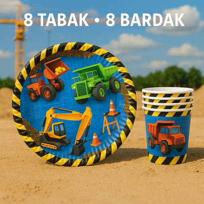 İnşaat İş Makinaları Temalı Tabak Bardak Set