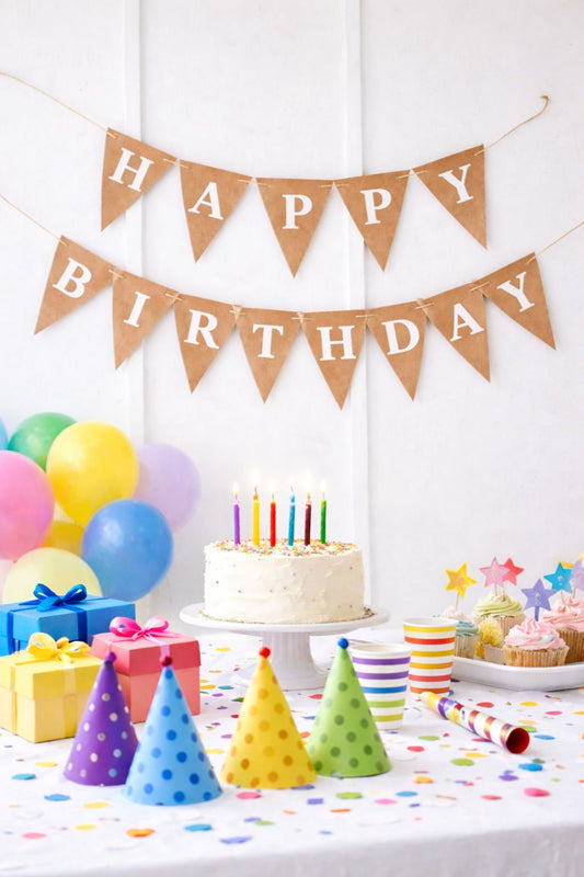 Kraft Renk Retro Happy Birthday Üçgen Beyaz Duvar Süsü