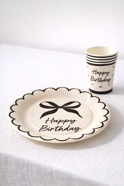 Krem Siyah Fiyonk Karton Tabak Bardak Set 8 li